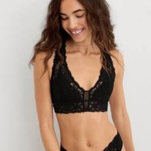 Aerie‎ Women's Show Off Eyelash Lace Padded Plunge Bralette Black Size L D